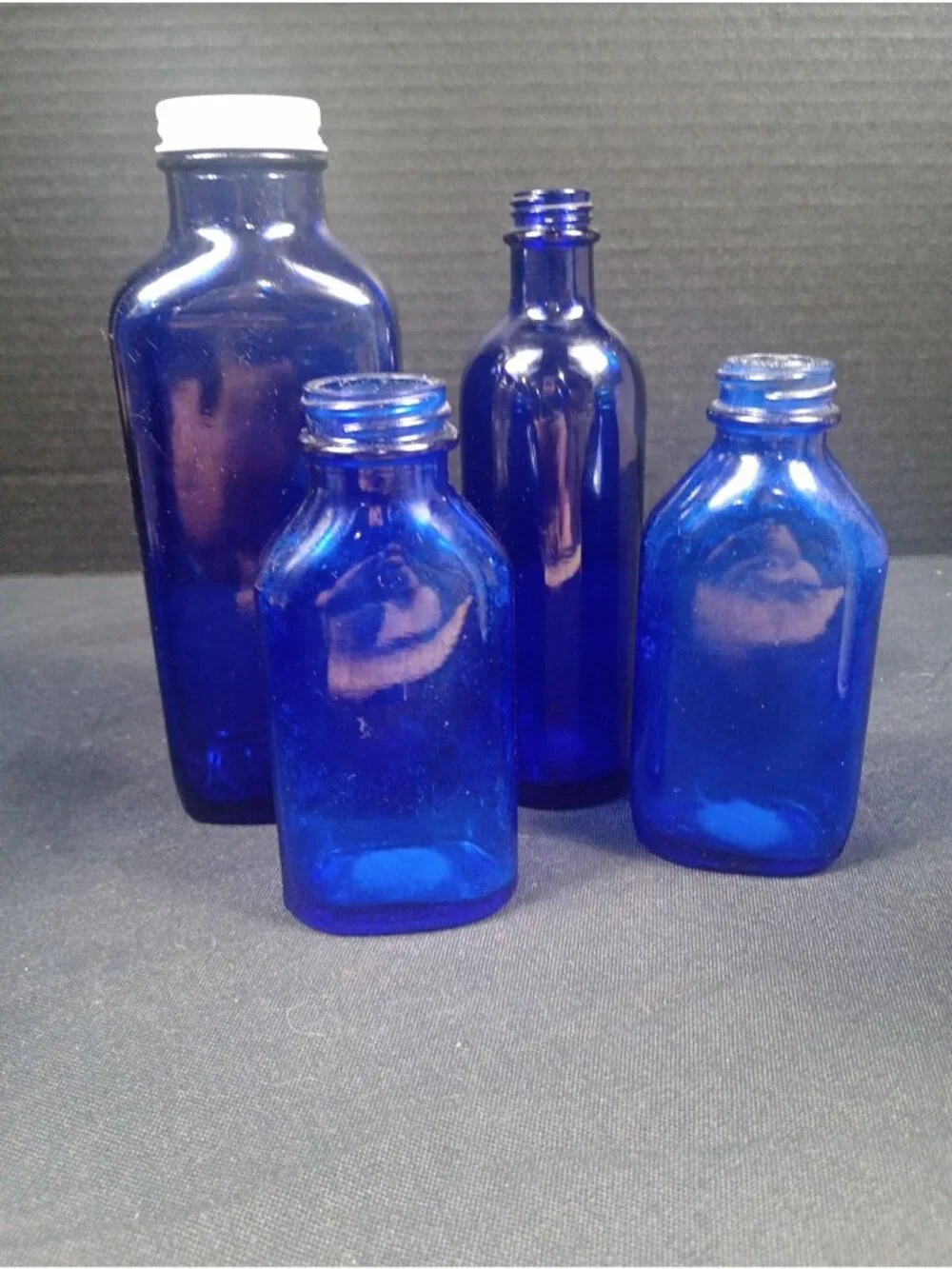 Vintage Retro Cottage 4 pc set of Cobalt Blue Bottles 2 labeled 